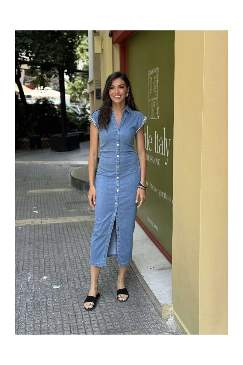 Φόρεμα midi τζιν με στρας στον ώμο