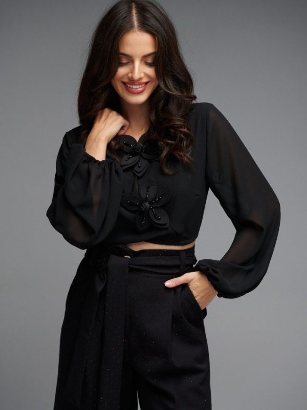 Μπλούζα μακρυμάνικη με διακοσμητικά λουλούδια Brigitte