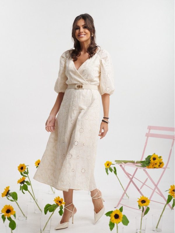 Φόρεμα δαντελένιο με V και 3/4 μανίκι