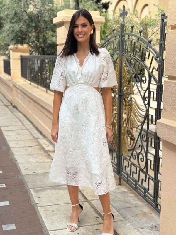 Φόρεμα μίντι με ανοίγματα στη μέση Λευκό