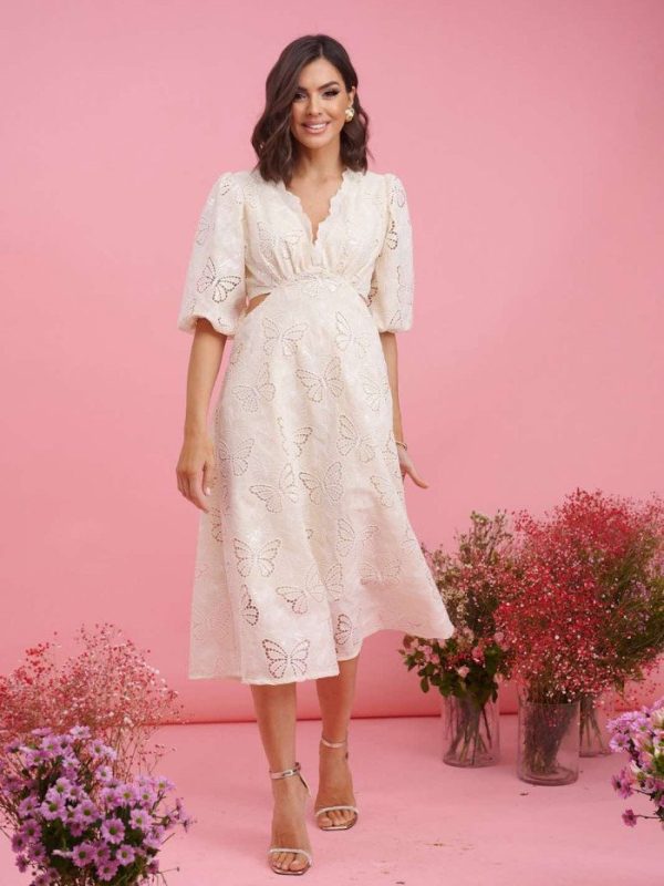 Φόρεμα μίντι πεταλούδα με ανοίγματα στη μέση Βανίλια