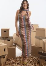 Φόρεμα εμπριμέ με μπολερό και φουλάρι