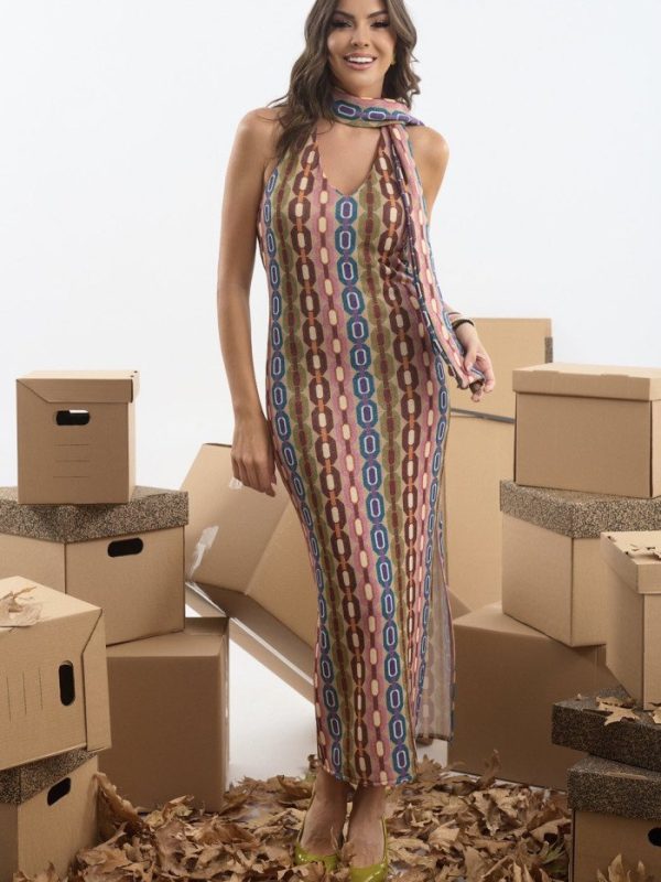 Φόρεμα εμπριμέ με μπολερό και φουλάρι