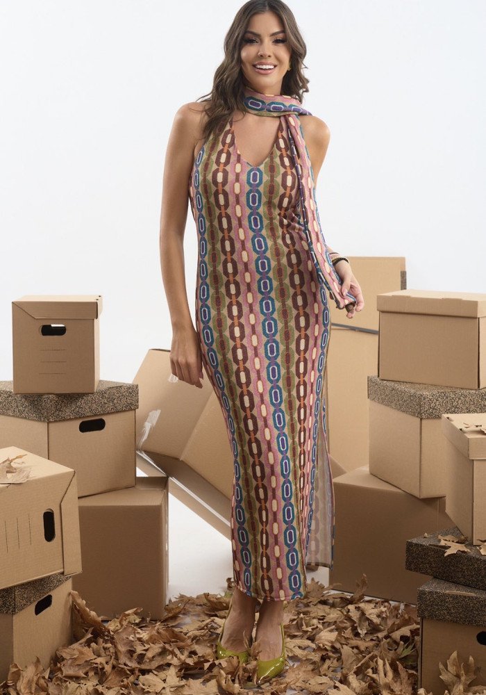 Φόρεμα εμπριμέ με μπολερό και φουλάρι Φόρεμα εμπριμέ με μπολερό και φουλάρι